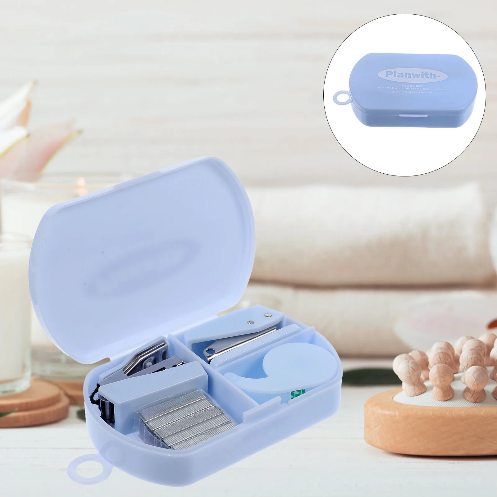 Hand Tool Box Desk Tape Dispenser Handheld Toolkit Cutter Small Stapler Blue Mini Desktop Travel