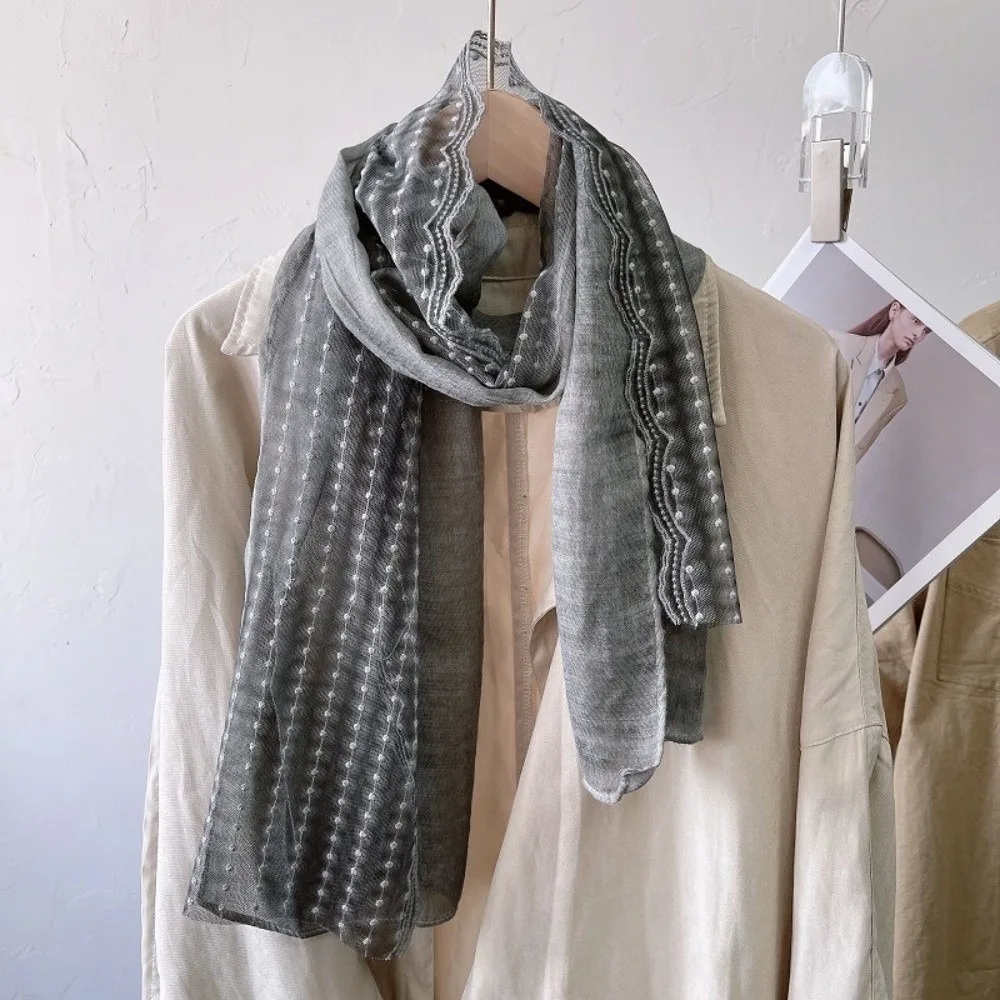 

Литературный ретро-шарф из льна с кружевом, длинный тонкий хлопково-льняной шарф с вышивкой цветов, корейская версия, солнцезащитная накидка для женщин