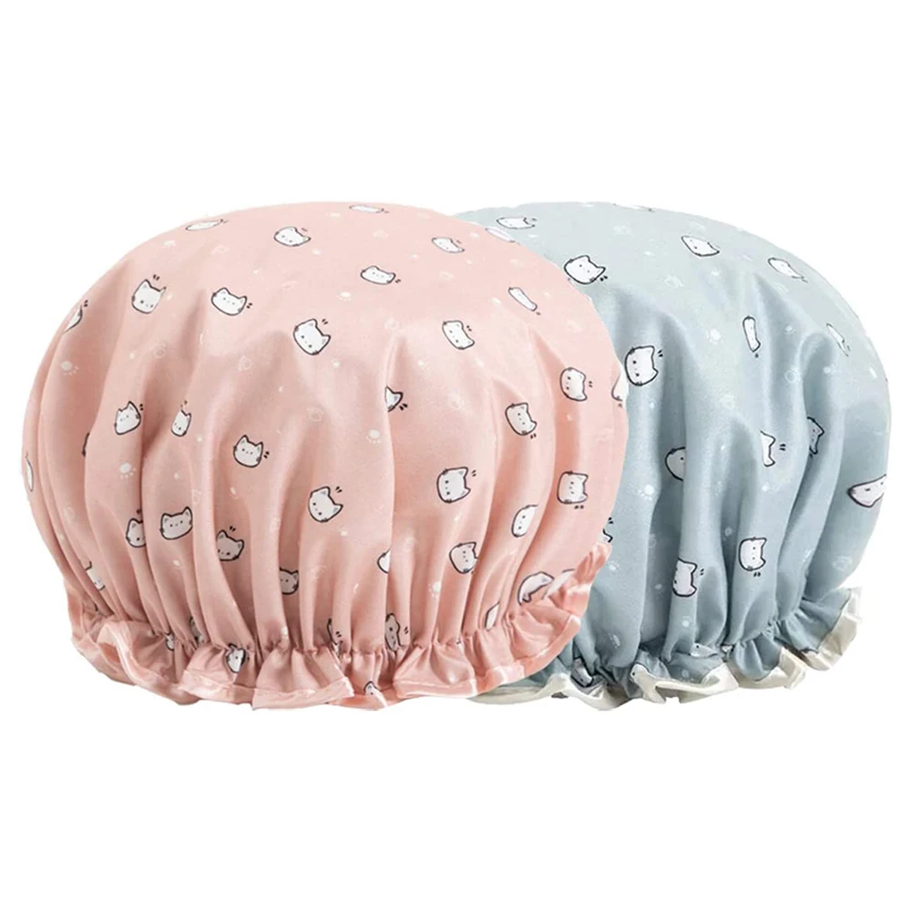 1Pc Waterproof Double Layers Shower Caps Elastic Band Lovely Cat Pattern Reusable Bathing Hat for Women Girls