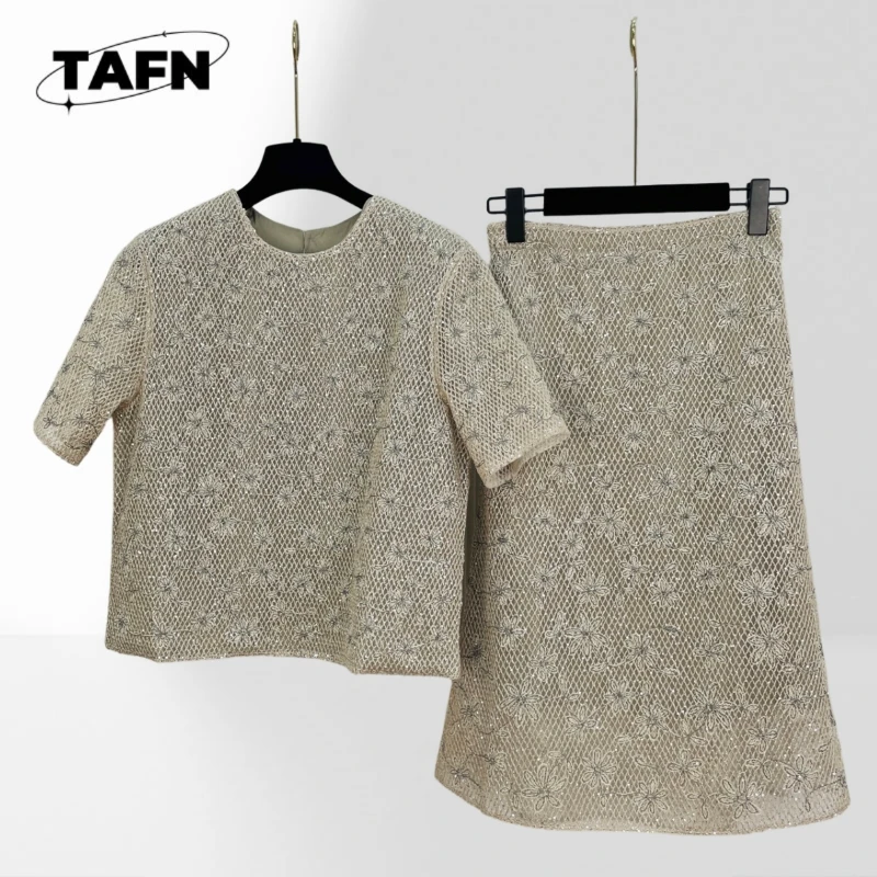 Women Floral Lace 2 Piece Outfit Short Sleeve Round Neck Cropped Top And Midi Skirt Set Elegant Mesh Party Matching Suit BG1746