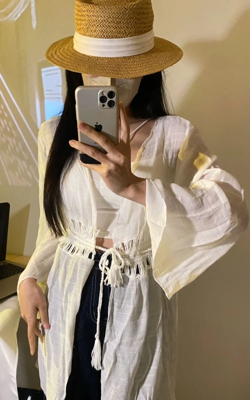 

Bikini Cover up Lace Hollow Long Sve Travel Vaion Coat Women Summer Loose Outerwear awl Open Cardigan Cotton Blend