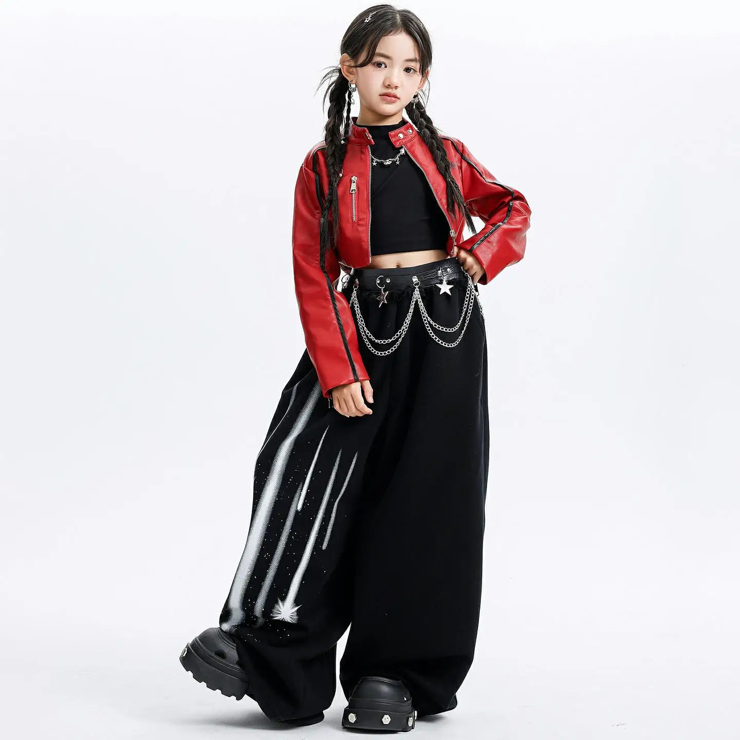 Kid Kpop Hip Hop Clothing Red Faux Leather Zip up Crop Jacket Top Black Street Meteor Sweat Pants for Girl Dance Costume Clothes