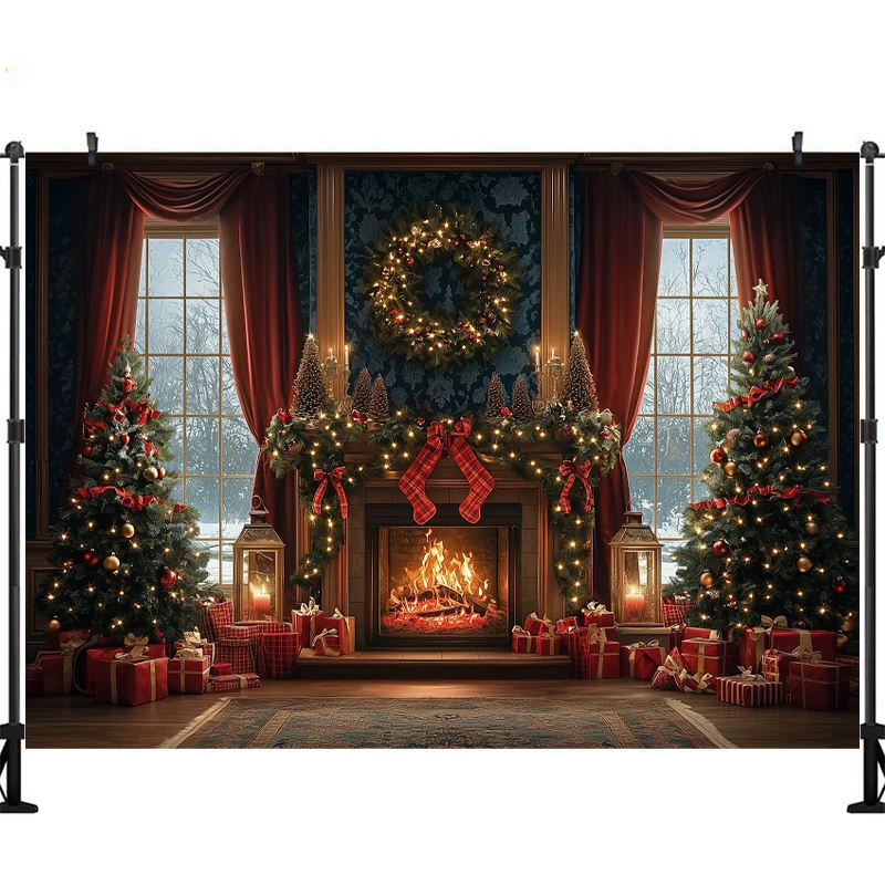 

LS Christmas Fireplace Photography Backdrop Vintage Wooden Board Kids Portrait Photo Props Studio Background Xmas Gift Decor