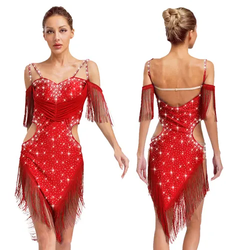 Imagen 2 del producto Vestido rítmico de baile de Tango para mujer, leotardo personalizado sin mangas con borlas y diamantes de imitación, competición de gimnasia latina Rumba Cha-Cha