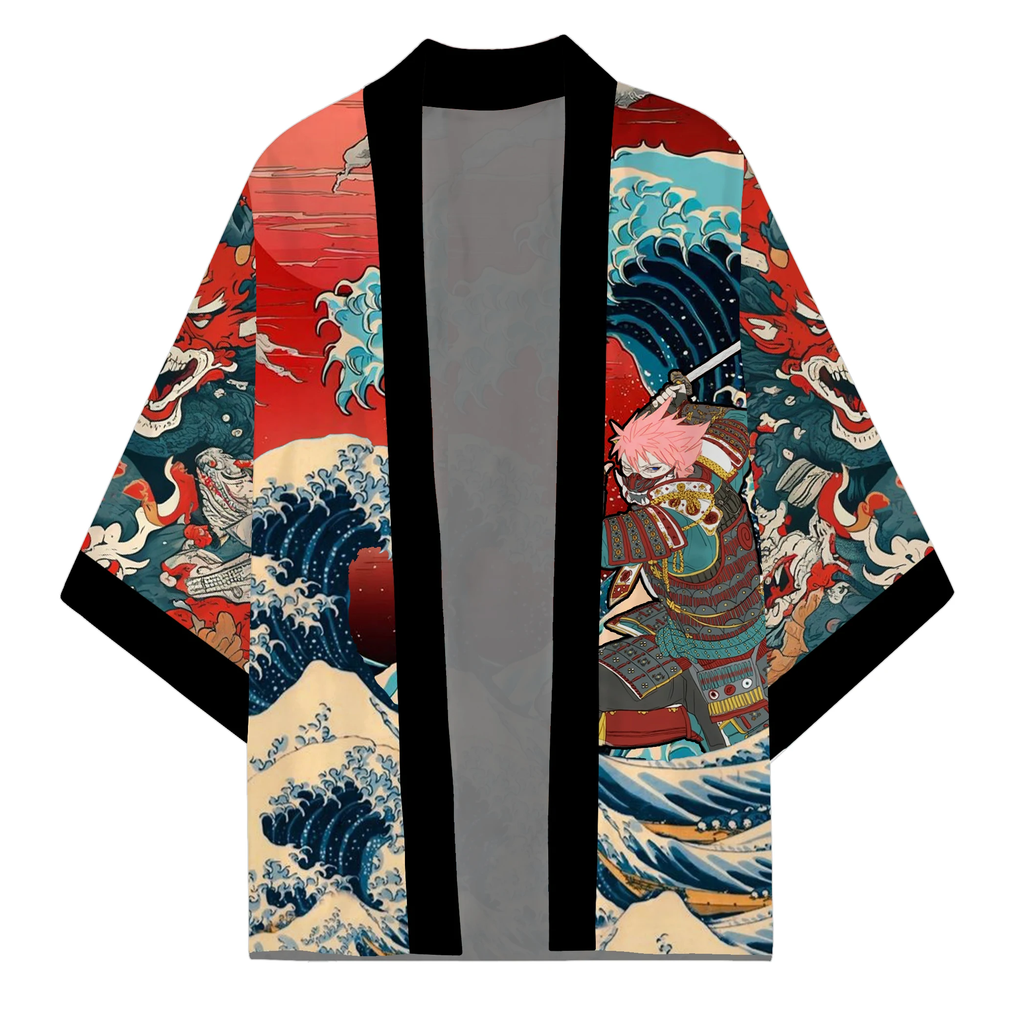 Japanese Kimono Ninja Samurai Sea Wave Cartoon Pattern Printed Men's Top and Women's Shirt Harajuku Style Handsome Cosplay Cloak