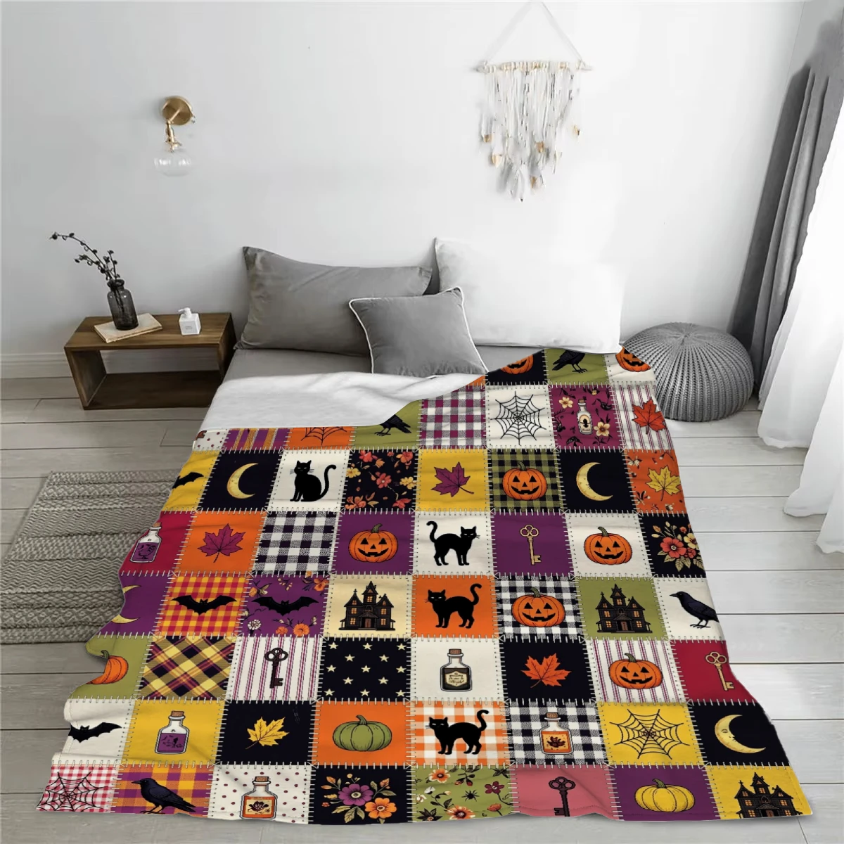 Halloween Patchwork Throw Blanket Pumpkin Black Cat Crow Spider Web Haunted House Plaid Print Soft Cozy Seasonal Sofa Bed Decor