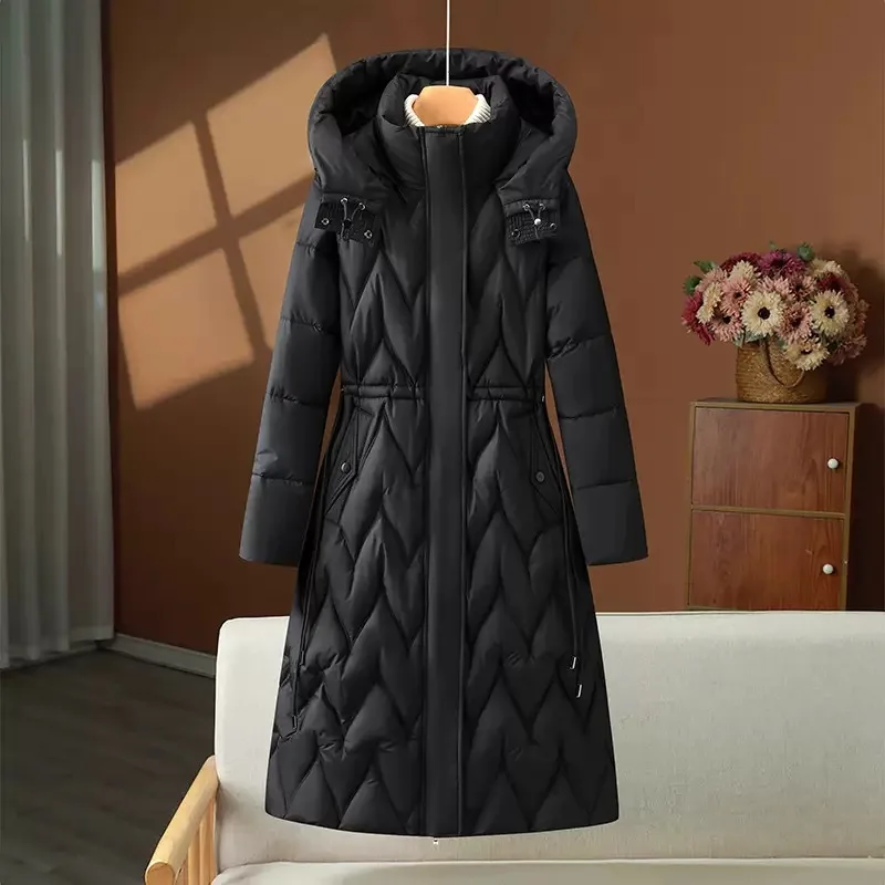 Lady's Winter Quilted Down Coat Drawstring Waist Figure-flattering Padded Coat For Women Long Over-the-knee Female's Jacket