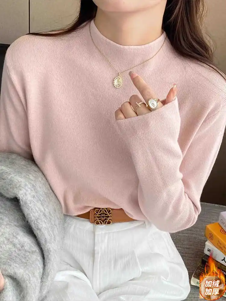 Korean Style Light Pink Turtleneck Women Sweater 2026  Autumn Winter High Quality Ribbed Knit Base Pullover Inner Wear Layer Top