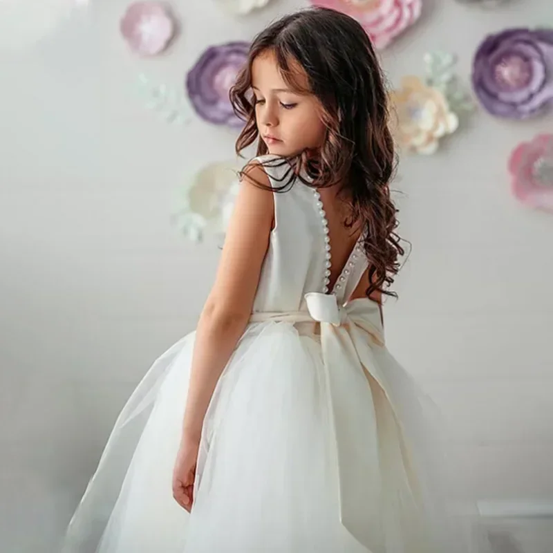 Flower Girl Dresses White Satin Tulle Pearl Neckline With Bow Belt Sleeveless For Wedding Birthday Party First Communion Gowns