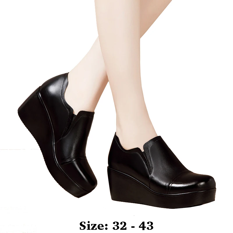 

high quality leather wedge shoe for women 6cm mid heel platform round toe 32 33 34 elegant office autumn winter shoe black red