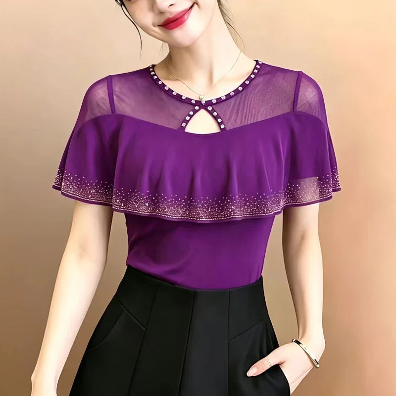 

Summer New Round Neck Short Sleeved T Shirt Korean Fashion Slim Ruffles Mesh Tops Casual Diamond Women Shirt