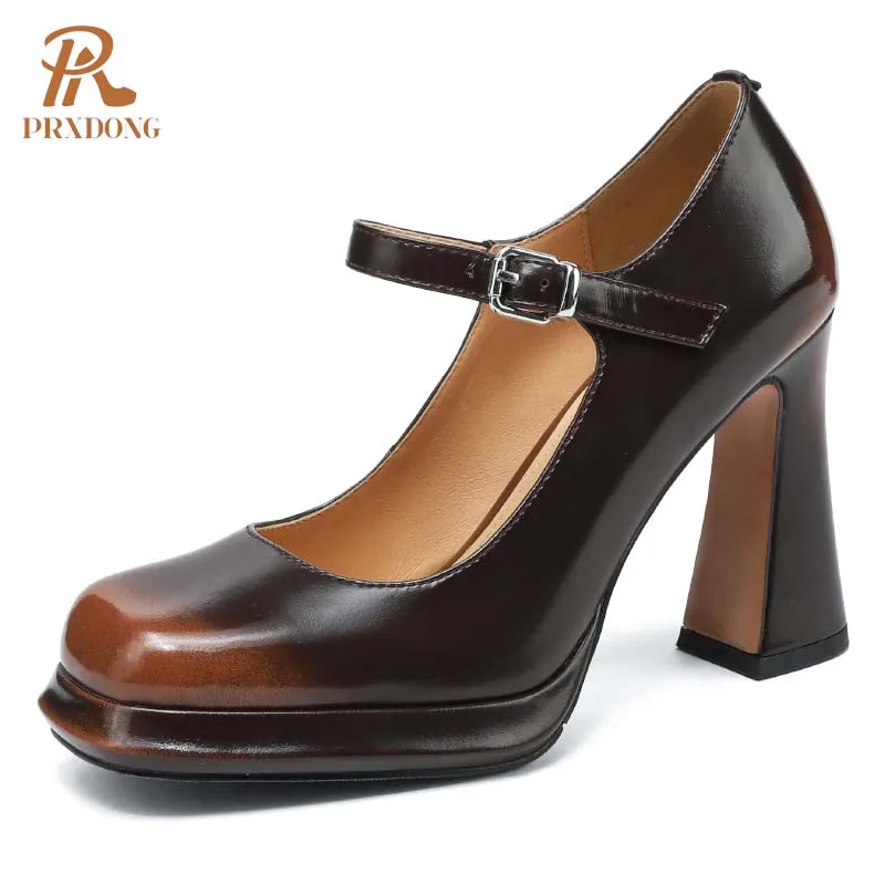 PRXDONG Top 2025 New Brand Genuine Leather Women Pumps High Heels Platform Black Brown Retor Mary Janes Dress Party Lady Shoes