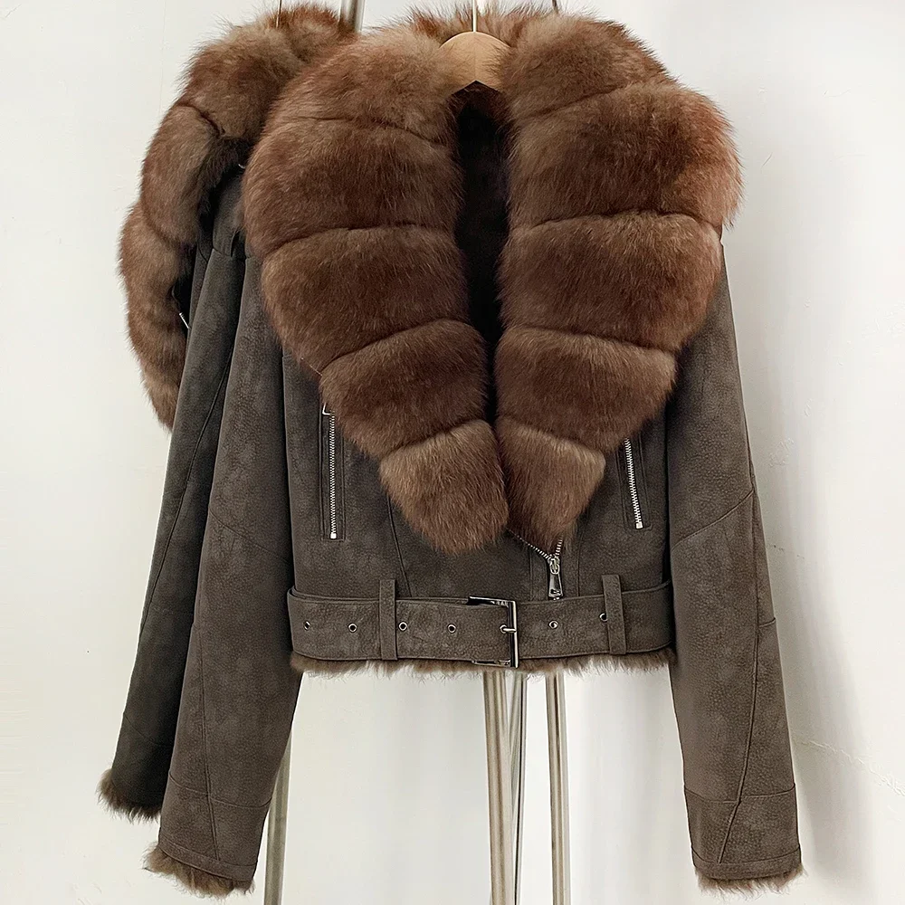OFTBUY Luxus-Gürtel Natürlicher Kaninchenfellmantel Damen Kurze Wildlederjacke mit Echtfuchs-Fellkragen Neue Herbst-Warmbekleidung für Frauen – Detail 10