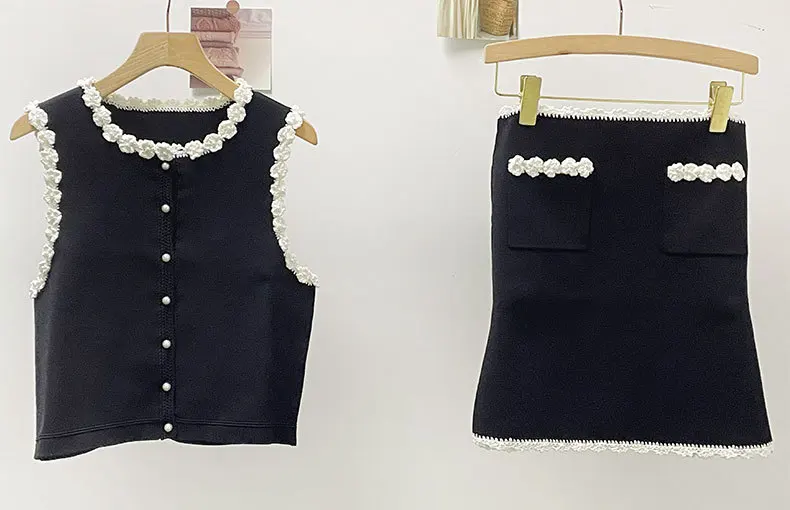 

Women Black Knit Set New Summer Female Lace Splices Slim O-Neck Single Breasted Tank Tops + A-line Mini Skirts
