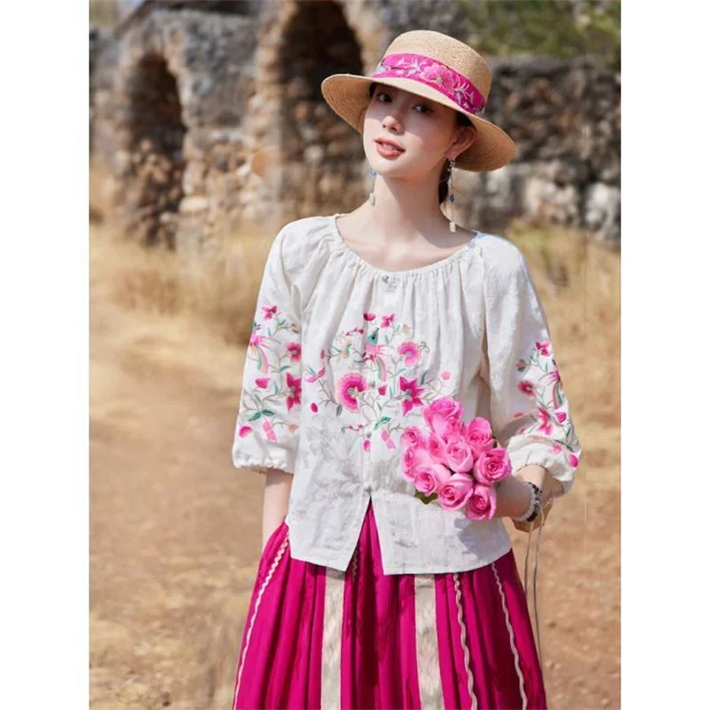 Chinese Style Flower Embroidery Shirt Women Summer Spring Cotton Linen Blouses Loose Lace-Up Tassel Boho Blouse Short Tops