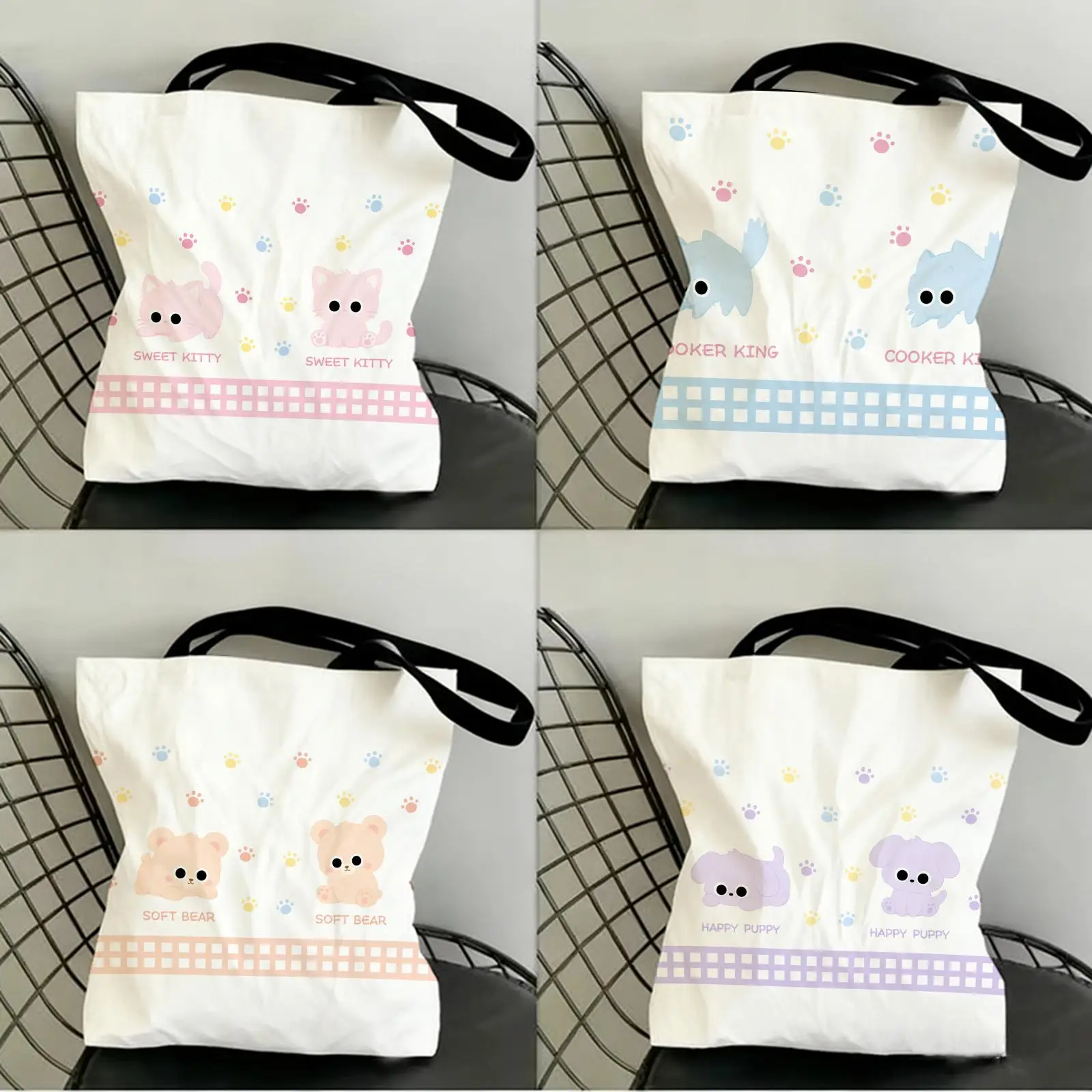 Cute Cartoon Cat Storage Bags Canvas Double-Sided Print Tote Bag Large Capacity Shoulder Fashion Shopping Handbag