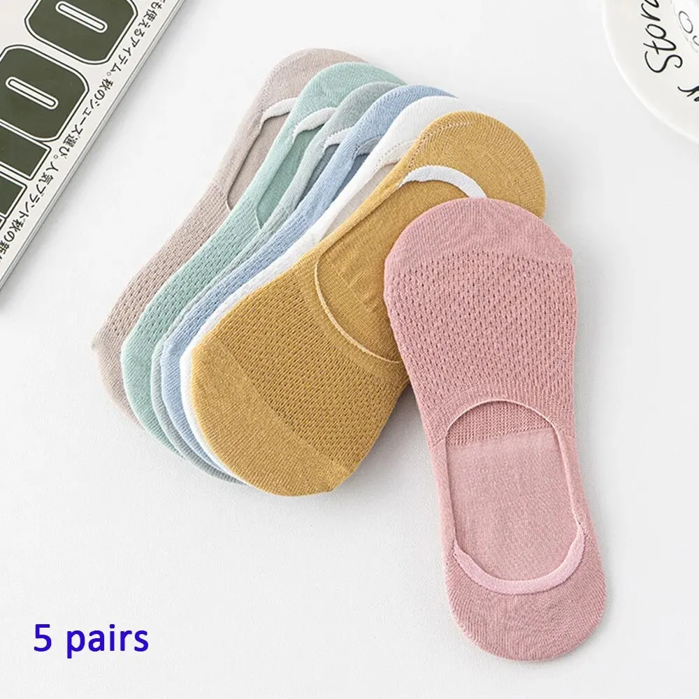 5 Pairs of WOMEN\'S Mesh Hollowed out Breathable Boat Socks, Invisible Low Cut Silicone Anti Slip, Summer No Ankle Socks