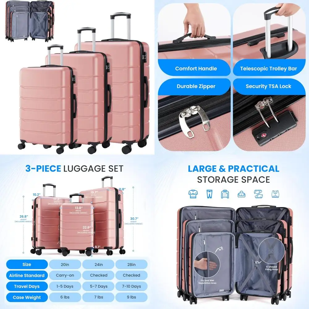 Juego de maletas de carcasa dura, ligeras y expandibles con ruedas giratorias dobles, cerradura TSA para viajes, colección de maletas de 3 piezas