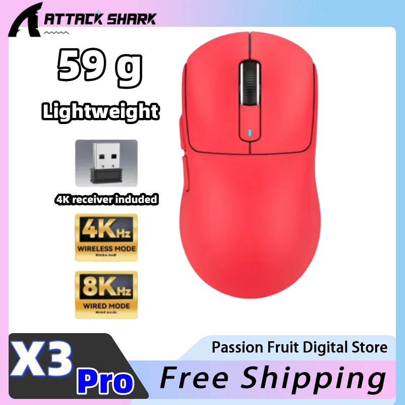 Attack Shark X3Pro wireless mouse 4K/8K PAW3395 thin and light 59g 26000dpi 650IPS three-mode gaming mouse computer accessories