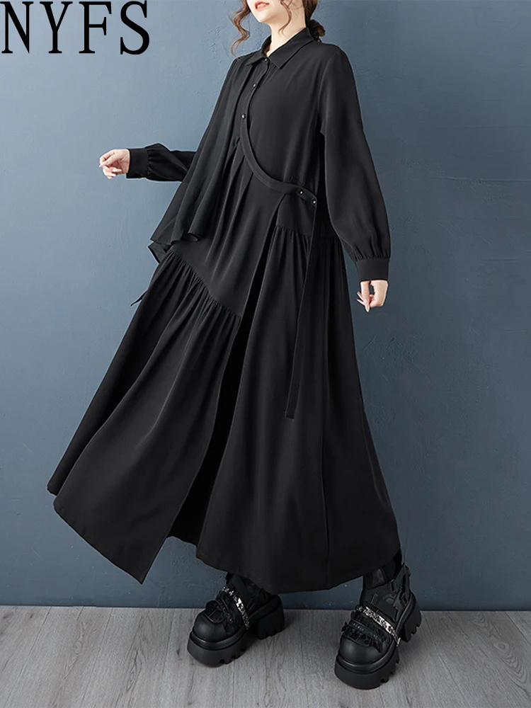 NYFS 2025 Herbst Neue Lose plus Größe Vintage Patchwork Hemd Kleid Robe Langarm frauen Kleider