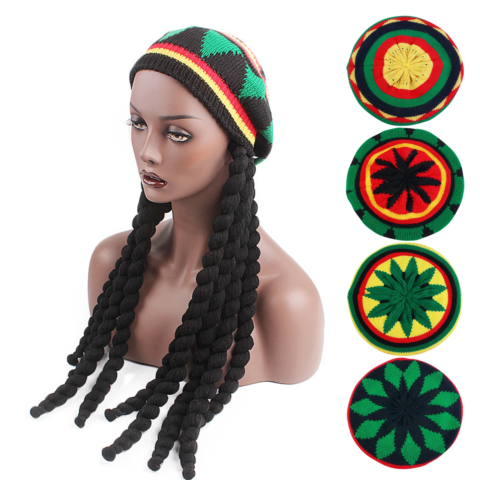 3145 Jamaican Style Woven Knitted Wigs Beret Hat Reggae Wig Hat For Party Loriketty Jamaican Style Rasta Hat - Crocheted Knitted Beret  main image 3