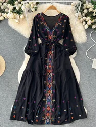 Spring Summer Ethnic Style Waist Slim Embroidery V-neck Dress Female Black Seaside Holiday Bohemian Vestidos Women D1491