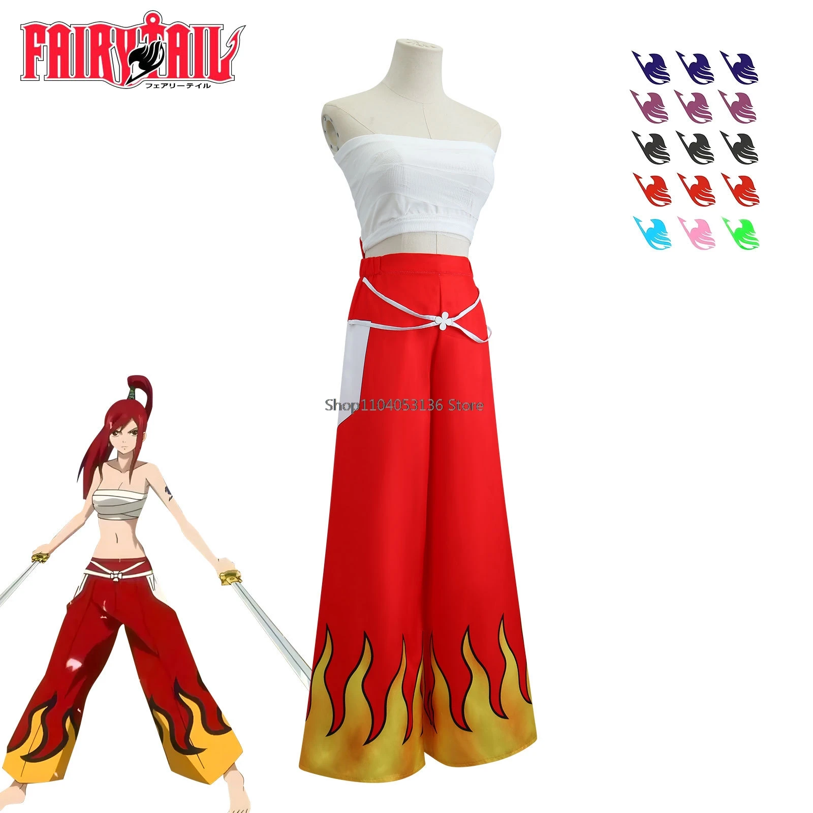 Erza Escarlate Cosplay Traje para Mulheres, Calças de Anime Japonês, Tops de Tubo Branco, Vermelho, Cauda Azul Escuro, Etiqueta Do Tatuagem, Vermelho, Conjunto Legal