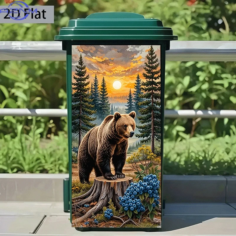2D Flat Printing 1pc Trash Can Sticker 37×82cm, Forest Sunset Bear Shadow Themed Design, Self-Adhesive Wall Decal Wallpaper fo