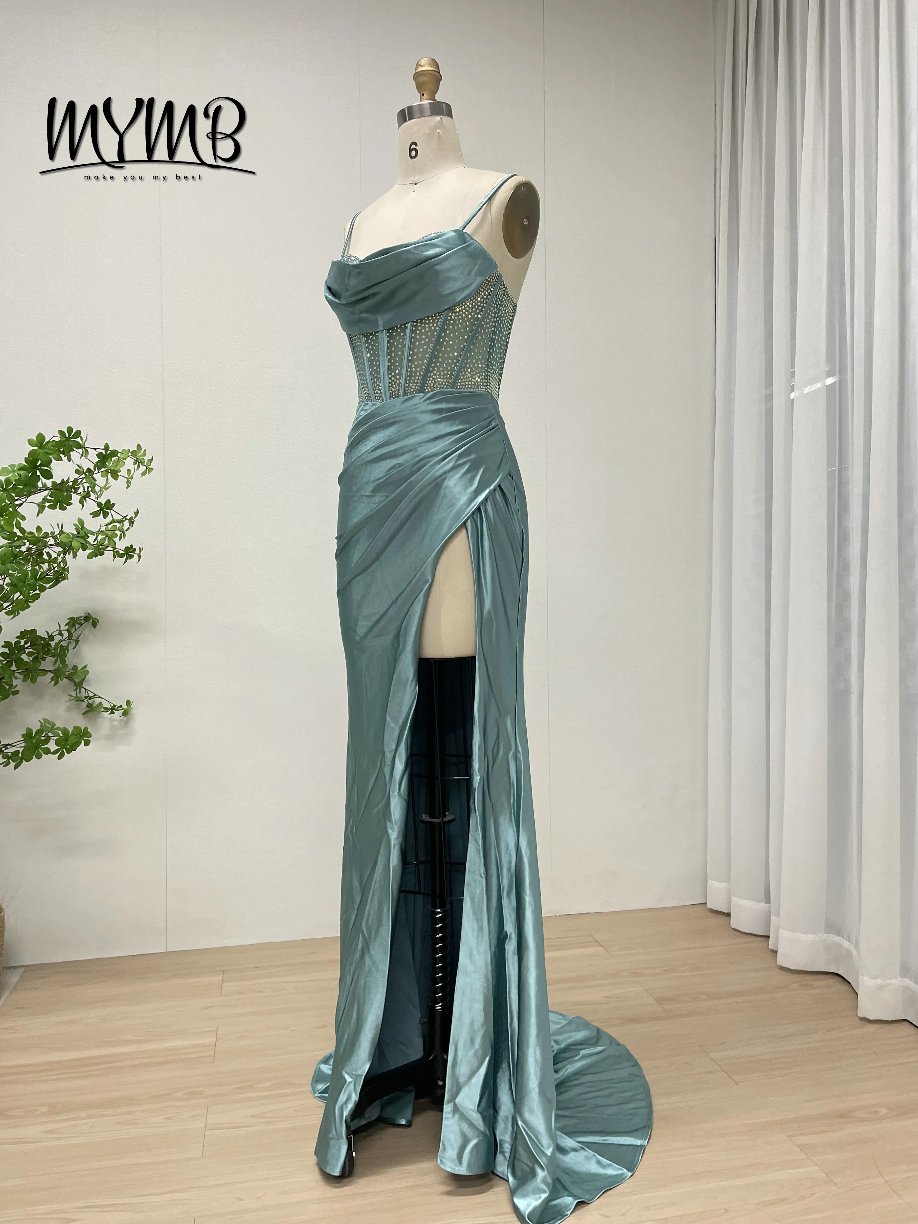 MYMB شيك المألوف الأخضر البريق حبة Ruched الخصر مثير السباغيتي حزام عالية الشق حورية البحر حفلة موسيقية ثوب مسائي للحزب MB40448 #5