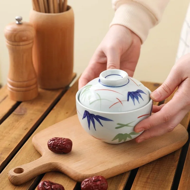 Porcelain Cover Bowl Korean Hand Painted Bamboo Leaves Steamed Egg Cup Ceramics Dessert Bowl Multifunctional Snack Plate