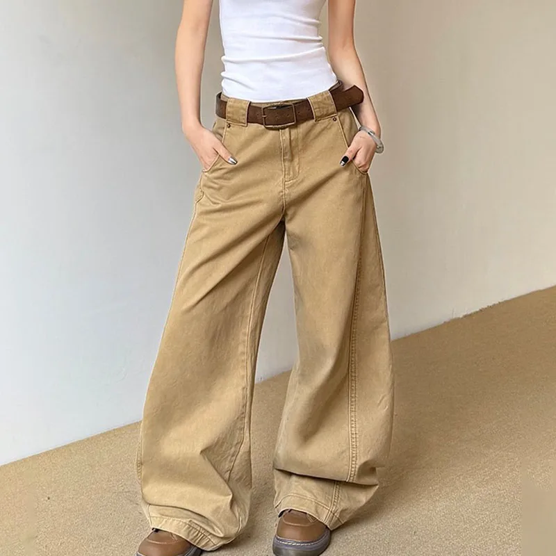 Autumn Korean Retro Women'S Loose Straight Leg Jeans High Street Casual Wide Leg Pants Coffee Colored Jeans
