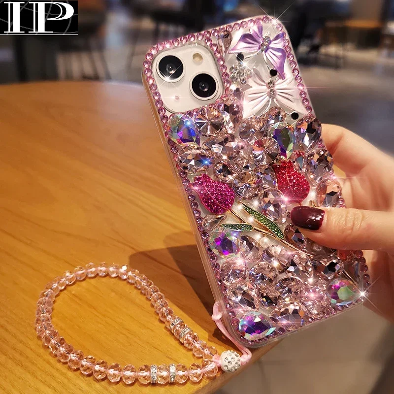 Luxury Sparkle Diamond Crystal Rhinestone Rose Flower Butterfly Case with Strap for Iphone 15 14 13 12 11 Pro MAX XR