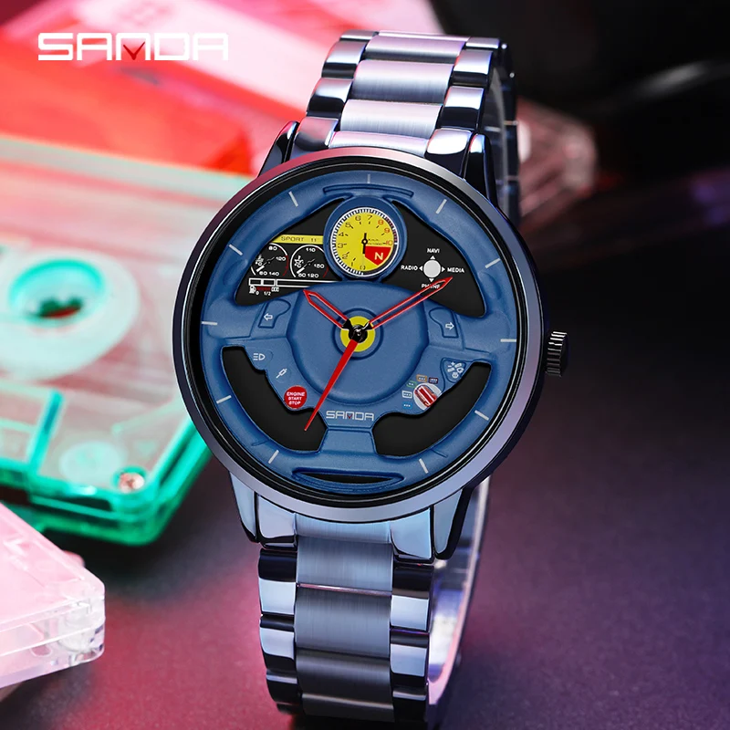 Fashion Sanda Top Brand Innovative Skeleton Men Sports Car Steering Wheel Waterproof Stainless Steel And Leather Quartz Watches