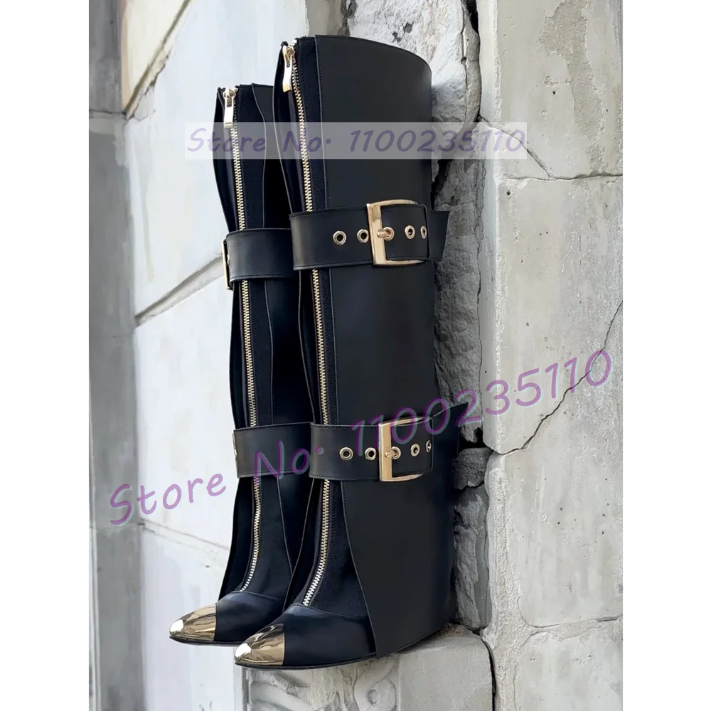 Belt Buckle Strap Fold Over Boots Women Fashion Gold Pointed Toe Thin High Heel Dress Shoes Ladies Stylish Cool Front-zip Boots