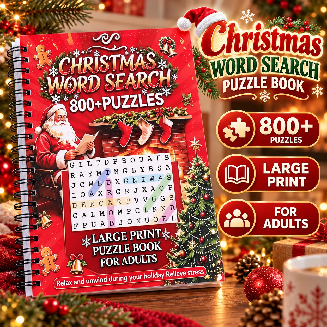 Christmas Word Search Puzzle Book 800+ Large Print Puzzles Spiral Bound For Adults Holiday Stress Relief Activity Xmas Gift