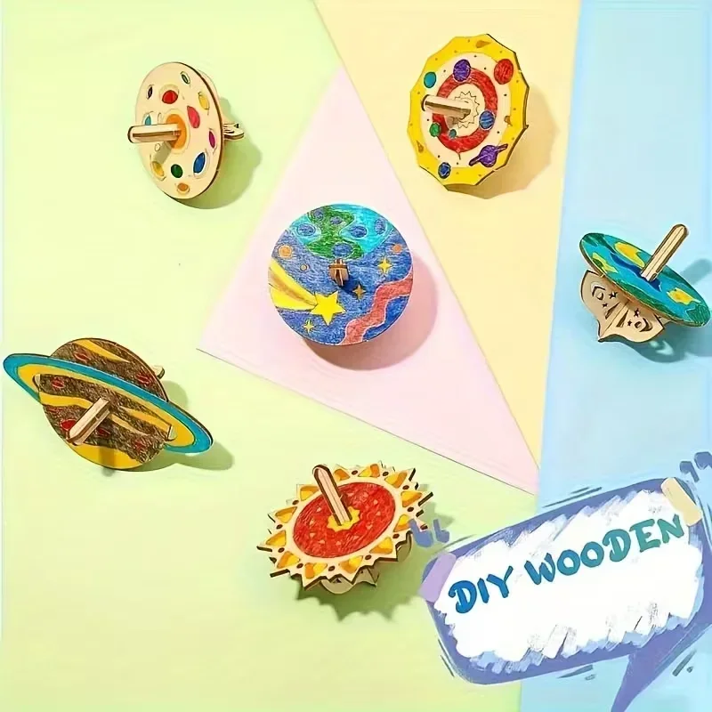 12Pcs Children's Educational Wooden Assembly Toys DIY Planetary Gyroscope Kit with Painting & Assembly Activities