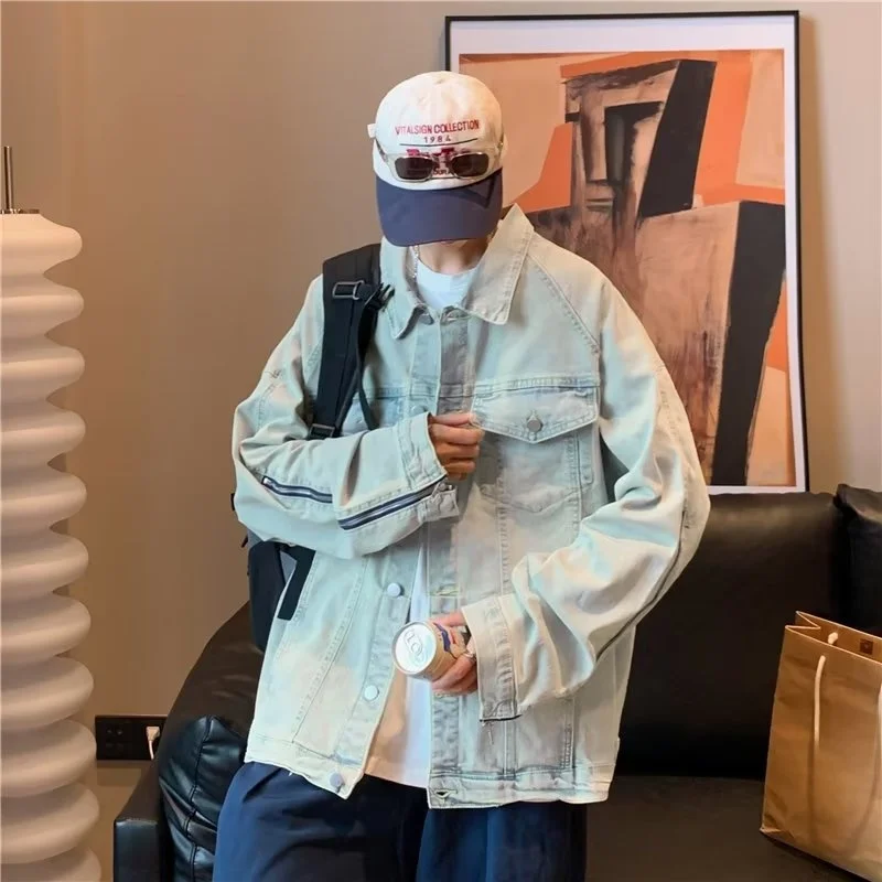 خريف شتاء كبير الحجم 250 Pou الأمريكية شارع العليا الدنيم سترة مفتوحة Jaet الرجال سستة تصميم معطف فوقي فريد #2