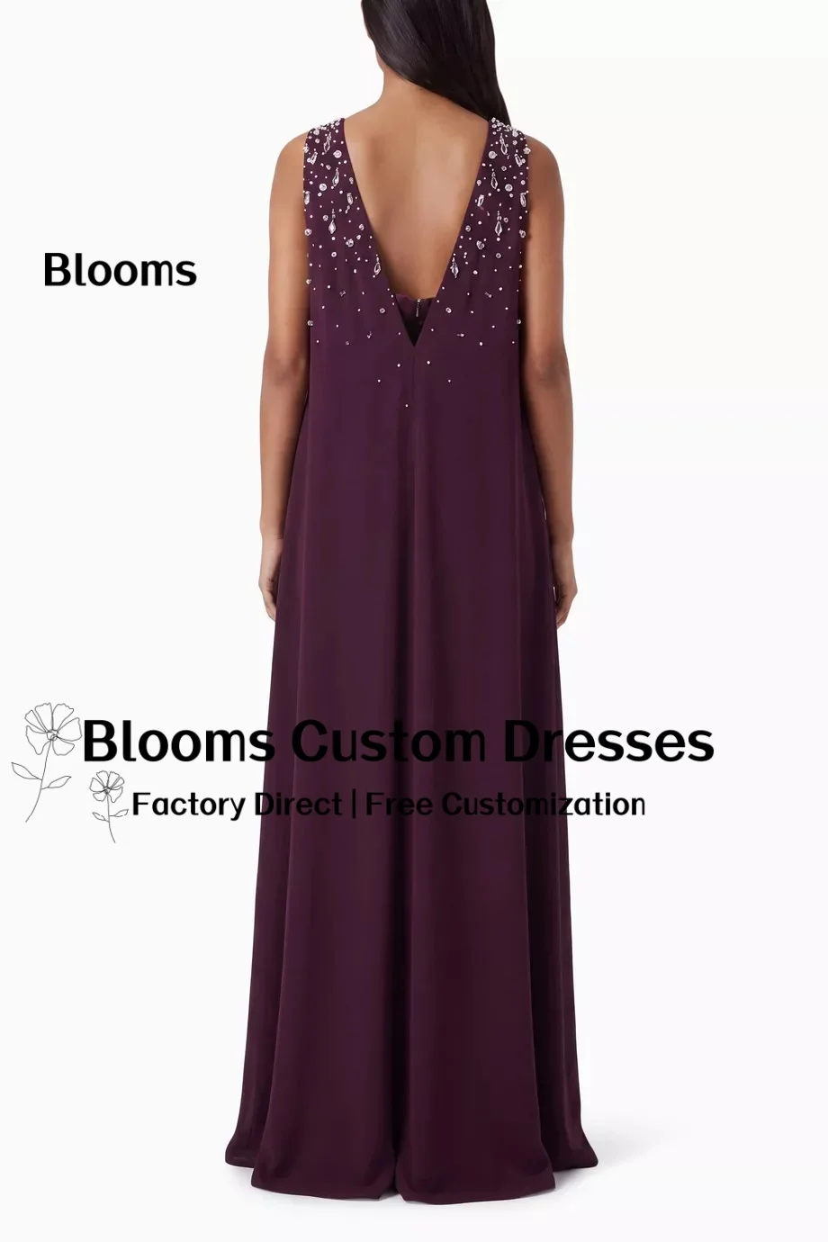 Customized Purple Satin Strapless Formal Evening Dress Crystal Beaded Waist Deep V Back Elegant Party Dress A Line Floor Length