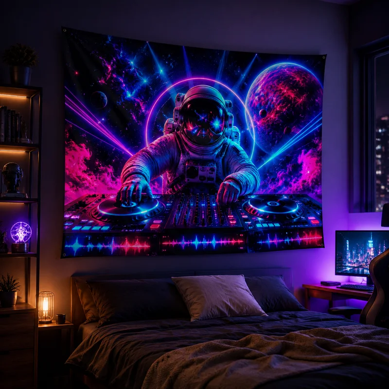 VIKAMA Cyber Space Tapestry, Cool Astronaut DJ Mixing Console Vinyl Record Soft Wallcovering, Neon-Style Home Decor