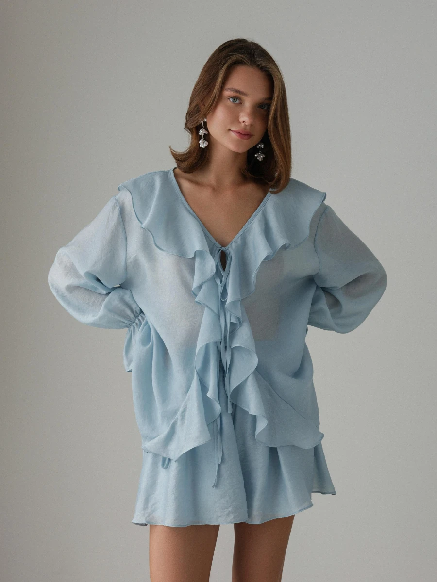 Blubelle Spring New Women's French V-neck Loose Ruffled Shirt Shorts Set Fashion Casual Long Sleeve Loose Shorts Two Piece Set