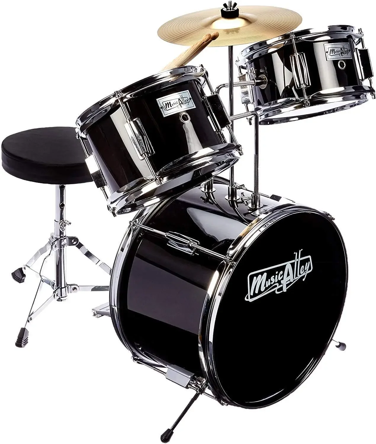 3 Piece Kids Drum Set with Throne, Cymbal, Pedal & Drumsticks, Metallic Black, (DBJK02-BK)