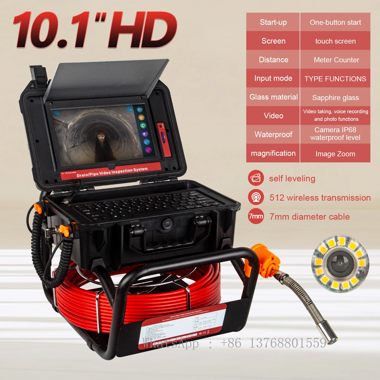 

Sewer Pipe Inspection Camera 9Inch IPS 1080P Screen And 512HZ Locator Video+Audio Recording Meter Counter 7MM Fiberglass Cable