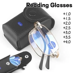 Trend Foldable Metal Blue Light Blocking Reading Glasses Men Portable Metal Eyewear Presbyopia Diopter Glasses with Leather Case