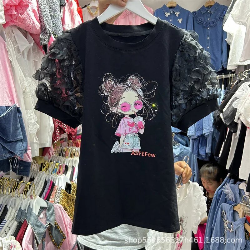 2025 New Summer All-match Loose Women T-shirts Elegant Mesh Puff Short Sleeve Tees Cartoon Print Hot Drilling Cotton Basic Tees