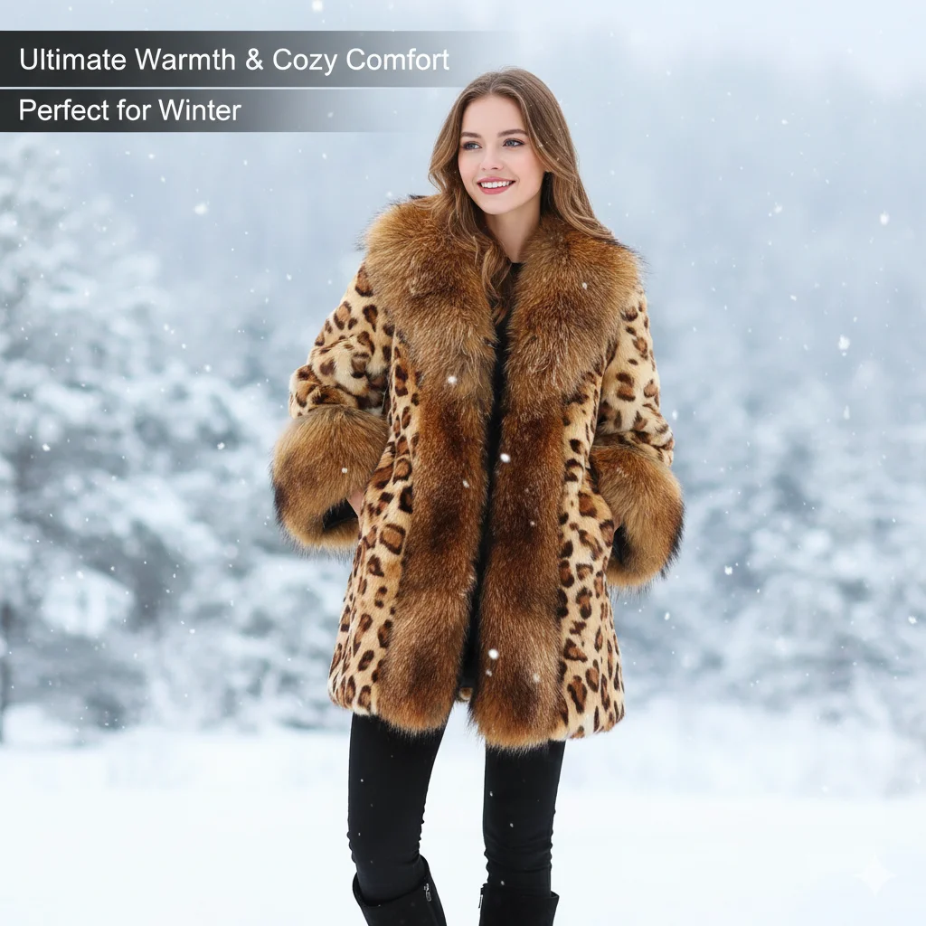 

Осень-зима 202, женская шуба средней длины с леопардовым принтом, искусственный меховой воротник енота, искусственное теплое пальто для холодной погоды