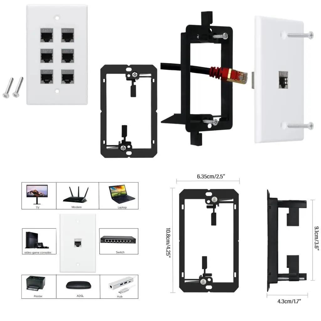 652F Ethernet Wall Plate 1-6 Port Cat7 Keystones Couplers Female to Female Wall Outlet Solderless White Face Plate Panel