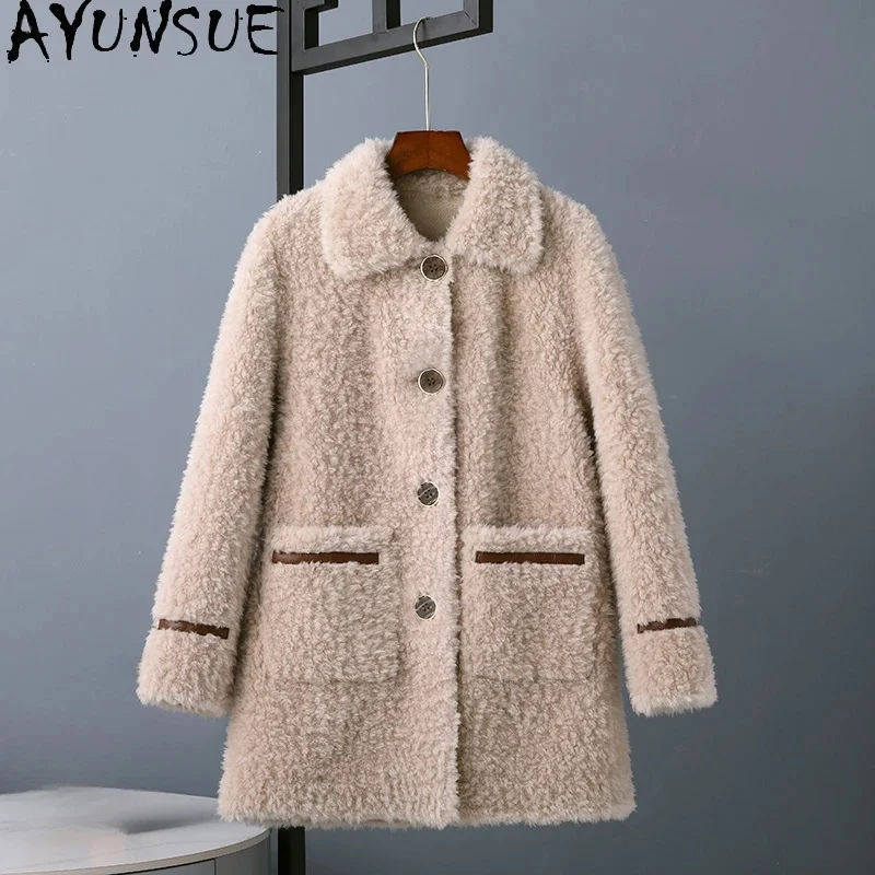 Elegant AYUNSUE 100% Wool Coats for Women 2024 New Autumn Winter Korean Fashion Sheep Shearing Jacket Ladies Fur Coat Abrigos