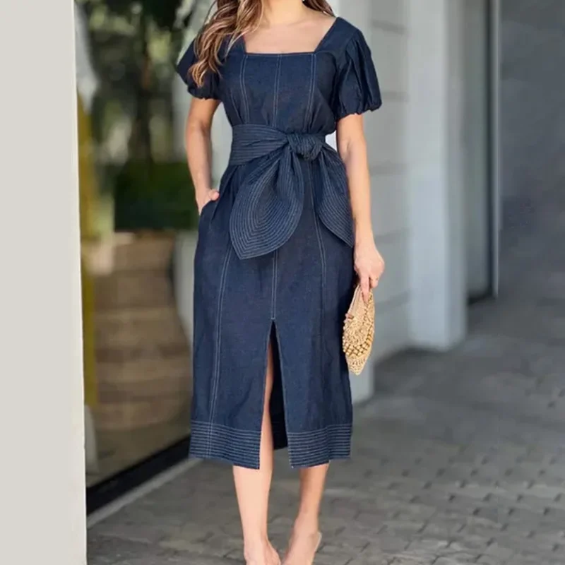 

Women Denim Dress Elegant Lace-up Casual Short Sleeve Lady New Fashion Splits High Waist Long Clothing