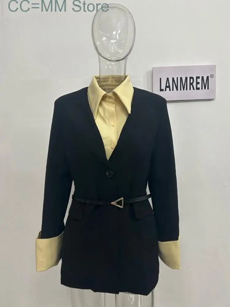 Blazer épissé à manches longues pour femmes, manteau cranté, ceinture à bouton unique, vêtements féminins combinés, nouvelle mode, printemps