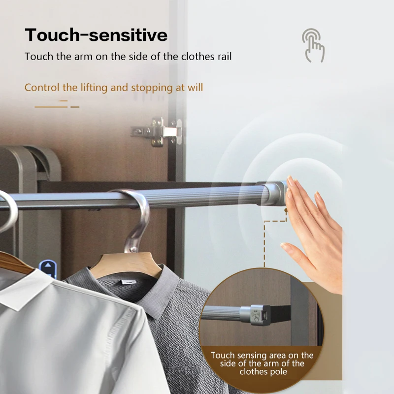 Asta di sospensione per ascensore elettrico con controllo vocale intelligente con sensore tattile remoto Ritorno automatico Doppio motore Silenzioso armadio guardaroba
